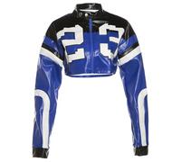 FZKun Women's Cropped Jacket - Y2K Graphic PU Leather Bomber Jacket Motorcycle Moto Biker Top Racer Lightweight Zipper Coats (M,Blue)