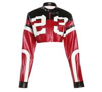 FZKun Women's Cropped Jacket - Y2K Graphic PU Leather Bomber Jacket Motorcycle Moto Biker Top Racer Lightweight Zipper Coats (S,Red)