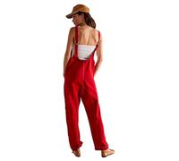 FZKun Women's Denim Overalls - Casual V-neck Baggy Loose Fit Adjustable Strap Bib Jeans Pants Cargo Jumpsuits with Pockets Staight Legs Suspenders Rompers (S,Red)