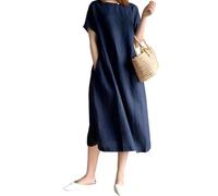 FZKun Women's Japanese Style Linen Cotton Dress - Plus Size Solid Color Round Neck Long Sleeves Casual Summer Dress with Pockets Loose Fit Pullover Basic Midi Dresses (XL,Navy)