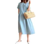 FZKun Women's Japanese Style Linen Cotton Dress - Plus Size Solid Color Round Neck Long Sleeves Casual Summer Dress with Pockets Loose Fit Pullover Basic Midi Dresses (XL,Light Blue)