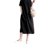 FZKun Women's Japanese Style Linen Cotton Dress - Plus Size Solid Color Round Neck Long Sleeves Casual Summer Dress with Pockets Loose Fit Pullover Basic Midi Dresses (XXL,Black)