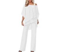 FZKun Women's Trouser Suits Elegant Wedding Guest Pants Suit 2 Piece Chiffon Formal Outfit Plus Size Prom Evening Two Piece Trouser Suit Mother of The Bride Pants Suit (XL,#02 White)