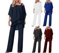 FZKun Women's Trouser Suits Elegant Wedding Guest Pants Suit 2 Piece Chiffon Formal Outfit Plus Size Prom Evening Two Piece Trouser Suit Mother of The Bride Pants Suit (3XL,#01 Navy)