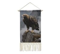 FZMVSQH Cotton-Linen Eagle Standing on A Rock Wall Tapestry with Decorative Tassels & Wooden Rod Vertical Tapestry Bohemian Macrame Wall Hanging for Living Room Bedroom Home Office Dorm Decor 20x10