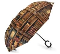 FZMVSQH Library Bookshelf Book Inverted Umbrella Windproof Reverse Umbrella for Rain, Sun UV Protection Upside Down Umbrellas, Portable Compact Travel Umbrellas, Auto Open Close, For Car Backpack