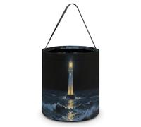 FZMVSQH Lighthouse Halloween Trick Or Treat Bag with Handle | Candy Bucket, 8x8in, Black Liner, Foldable Goody Shopping Tote, Easter Egg Hunt Basket, Reusable Holiday Party Favor Gift Bag