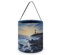 FZMVSQH Lighthouse Seaside Halloween Trick Or Treat Bag with Handle | Candy Bucket, 8x8in, Black Liner, Foldable Goody Shopping Tote, Easter Egg Hunt Basket, Reusable Holiday Party Favor Gift Bag