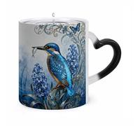 FZMVSQH Magic Coffee Mug Cups Personalized Kingfisher Hyacinth Bloom Color Changing Mug Heat Sensitive Heat Changing Coffee Mugs with Handle 11 Oz Mugs Funny Ceramic Cup for Tea/Latte/Milk/Cocoa