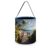 FZMVSQH Palm Trees Beach Sea Ocean Halloween Trick Or Treat Bag with Handle | Candy Bucket, 8x8in, Black Liner, Foldable Goody Shopping Tote, Easter Egg Hunt Basket, Reusable Holiday Party Favor Gift Bag