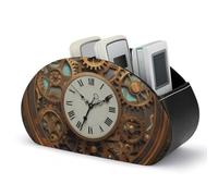 FZMVSQH PU Leather Rusty Steampunk Clock Remote Control Holder Caddy with 5 Compartments Nightstand TV Remote Caddy Small Desktop Organizer Storage for Remotes Makeup Office Supplies