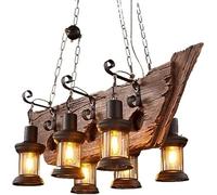 FZQSXAZU Rustic Wooden Boat 6-Lights Large Vintage Pendant Lantern Unique Nautical Modeling Hanging Light Fixture for Kitchen Farmhouse, Bar, Dinning Room Adjustable Height