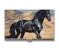 FZQVSGW Business Card Holder, Metal Slim Business Card Case, Black Arabian Horse Pocket Cards Holder for Women Or Men, Professional Purse Name Card Holder, Buckle Style Shut