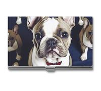 FZQVSGW Business Card Holder, Metal Slim Business Card Case, Cute French Bulldog Pocket Cards Holder for Women Or Men, Professional Purse Name Card Holder, Buckle Style Shut