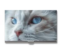 FZQVSGW Business Card Holder, Metal Slim Business Card Case, Tropical Beach Palm Tree Pocket Cards Holder for Women Or Men, Professional Purse Name Card Holder, Buckle Style Shut, Blue Eyes Cat, One