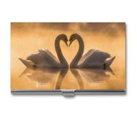 FZQVSGW Business Card Holder Professional Business Card Case Metal Name Card Holder Art Business Card Two Heart-Shaped Swans Organizer Slim Pocket Card Holders for Men Women Office Accessories