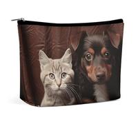 FZQVSGW Small Cosmetic Bag Elegant Roomy Falcon Fighter Makeup Bags Portable Zipper Pouch Lipstick Bag Travel Toiletry Bag for Best Friend Gift, Cat and dog sitting in leather pocket, One Size