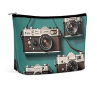 FZQVSGW Small Cosmetic Bag Elegant Roomy Puerto Rico Flags Frog Palm Trees Makeup Bags Portable Zipper Pouch Lipstick Bag Travel Toiletry Bag for Best Friend Gift, Retro Cool Camera Collection, One