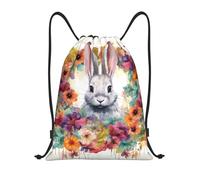 FZQVSLCM Drawstring Backpack Sport Bag Water Resistant String Bag Watercolor rabbit and flowers Cinch Bag Gym Sackpack, Black, M, Rucksack Backpacks
