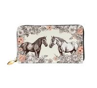 FZQVSLCM Flowers and horses hand drawn Leather Wallet for Women Long Coin Purse Ultra Slim Credit Cards Holder Bifold Clutch