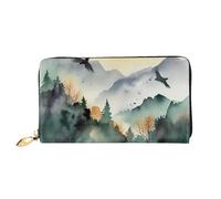 FZQVSLCM Mountain birds watercolor Leather Wallet for Women Long Coin Purse Ultra Slim Credit Cards Holder Bifold Clutch