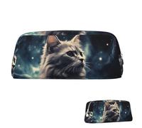 FZQVSLCM Pencil Case Leather Pen Bags Travel Makeup Bag A cat in a nebula Toiletry Bag Portable Cosmetic Bags Coin Purse, Silver, One size