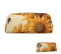 FZQVSLCM Pencil Case Leather Pen Bags Travel Makeup Bag Bees and Sunflowers Toiletry Bag Portable Cosmetic Bags Coin Purse, Silver, One size