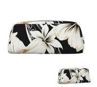 FZQVSLCM Pencil Case Leather Pen Bags Travel Makeup Bag Black and white hawaiian flowers Toiletry Bag Portable Cosmetic Bags Coin Purse, Silver, One size
