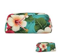 FZQVSLCM Pencil Case Leather Pen Bags Travel Makeup Bag Hawaiian flowers on green background Toiletry Bag Portable Cosmetic Bags Coin Purse, Gold, One size