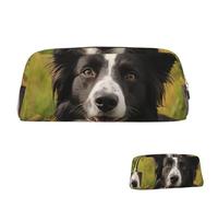 FZQVSLCM Pencil Case Leather Pen Bags Travel Makeup Bag Mohado Border Collie Dog Toiletry Bag Portable Cosmetic Bags Coin Purse, Gold, One size