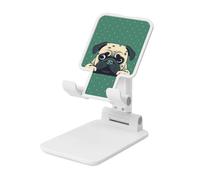 FZQVSLCM Pug Green Polka Dot Cell Phone Stand for Desk Angle Height Adjustable Cell Phone Holder Folding Desktop Phone Stand Portable Cellphone Cradle Desktop Dock Compatible with All Phones
