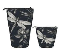 FZQVSLCM Telescopic Pencil Case Black flowers and dragonfly Standing Pen Holder Pop Up Pencil Pouch Cute Stand up Cosmetics Bag Travel Makeup Bag Portable Toiletry Bag for Women Men Office Supplies