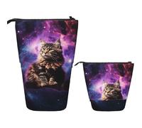 FZQVSLCM Telescopic Pencil Case Cat sitting inside nebula Standing Pen Holder Pop Up Pencil Pouch Cute Stand up Cosmetics Bag Travel Makeup Bag Portable Toiletry Bag for Women Men Office Supplies