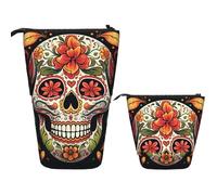 FZQVSLCM Telescopic Pencil Case Colorful Sugar Skull Standing Pen Holder Pop Up Pencil Pouch Cute Stand up Cosmetics Bag Travel Makeup Bag Portable Toiletry Bag for Women Men Office Supplies