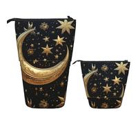 FZQVSLCM Telescopic Pencil Case Golden stars and moon Standing Pen Holder Pop Up Pencil Pouch Cute Stand up Cosmetics Bag Travel Makeup Bag Portable Toiletry Bag for Women Men Office Supplies