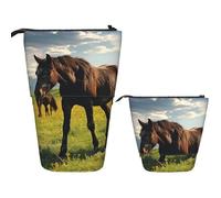 FZQVSLCM Telescopic Pencil Case Grazing wild horses Standing Pen Holder Pop Up Pencil Pouch Cute Stand up Cosmetics Bag Travel Makeup Bag Portable Toiletry Bag for Women Men Office Supplies