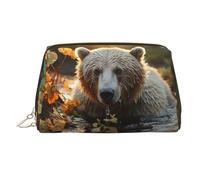 FZQVSLCM Travel Makeup Bag,Waterproof Makeup Bag for Purse, Leather Toiletry Bag for Women Cosmetic Bag Organizer Bear crossing the river Makeup Pouch with Zipper Make Up Bags for Travelling, Gold