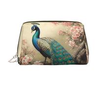 FZQVSLCM Travel Makeup Bag,Waterproof Makeup Bag for Purse, Leather Toiletry Bag for Women Cosmetic Bag Organizer Oriental Peacock on Flower Tree Makeup Pouch with Zipper Make Up Bags for Travelling