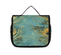 FZQVSWTX Hanging Travel Toiletry Bag for Men And Women,Hand Drawn Black Cat Printed Polyester Portable Toiletry Organizer, Golden Peacock Feather, 22.5x18.5cm
