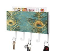 FZQVSWTX Key Holder Wall Mount, Key Rack with 5 Key Hooks, Golden Peacock Feather Printed Easy Installation Key Organizer for Entryway, Front Door, Hallway, Office