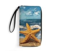FZQVSWTX Leather Womens Wallet Wristlet,A Brown Rabbit Printed Large Capacity Clutch Credit Card Holder Purse, Starfish on the Beach, 19.7x10.5cm
