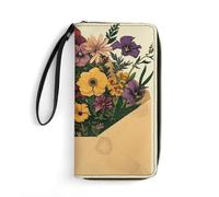 FZQVSWTX Leather Womens Wallet Wristlet,Envelope with Flowers Printed Large Capacity Clutch Credit Card Holder Purse, Envelope with Flowers, 19.7x10.5cm