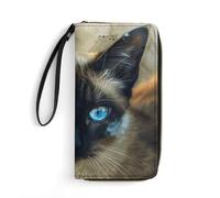 FZQVSWTX Leather Womens Wallet Wristlet,Green Leaves And Flowers Printed Large Capacity Clutch Credit Card Holder Purse, Siamese Cat Art, 19.7x10.5cm