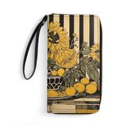 FZQVSWTX Leather Womens Wallet Wristlet,Striped Purple Pattern Printed Large Capacity Clutch Credit Card Holder Purse, Yellow Sunflower, 19.7x10.5cm