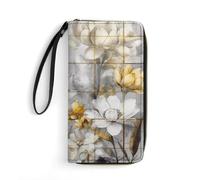 FZQVSWTX Leather Womens Wallet Wristlet,With Gray Texture Printed Large Capacity Clutch Credit Card Holder Purse, Beige Flower Bud Pattern, 19.7x10.5cm