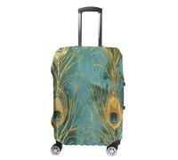 FZQVSWTX Washable Luggage Protector Suitcase Cover, Hand Drawn Black Cat Printed Travel Elastic Suitcase Protector Fits 19-32 Inch Luggage, Golden Peacock Feather, L