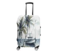 FZQVSWTX Washable Luggage Protector Suitcase Cover, White Sheep on Background Printed Travel Elastic Suitcase Protector Fits 19-32 Inch Luggage, Palm Trees Fishing Boat, XL