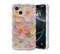 Fzrdohu Compatible with iPhone 15 Case, Shockproof Drop Protection i Phone 15 Case, Cute Curly Wave Border Phone Case i Phone15 with Colorful Retro Oil Painting Flower for Women