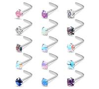 Fzroezz 9Pcs 15Pcs Nose Rings Studs Corkscrew L Shape 20 22 Gauge Nose Piercing Jewelry Real Nose Piercings Surgical Steel 20G 22G Nose Rings Jewelry for Women Men 2mm 2.5mm 3mm CZ Gold Silver