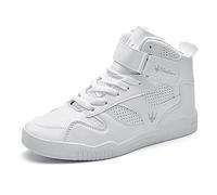 FZUU Men's Fashion High Top Leather Street Sneakers Sports Casual Shoes (10, White), White, 8 UK